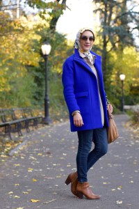 A Day In The Lalz; Stroll in Central Park; NYC; Fashion Blogger; Hijab; Modest Fashion; Street style NYC; Fall in NYC Fashion; J. Crew Coat; Cobalt Blue Coat; 