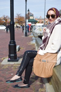 A Day In The Lalz; Weekend Casual Look; Tieks; Fall Blanket Scarf; Karen Walker Sunnies; J. Crew Sweater; Leather Leggings; Hijab; Modesty; Fashion Blogger