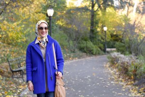 A Day In The Lalz; Stroll in Central Park; NYC; Fashion Blogger; Hijab; Modest Fashion; Street style NYC; Fall in NYC Fashion; J. Crew Coat; Cobalt Blue Coat; 