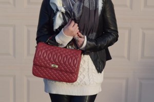 A Day In The Lalz; Cable Knit Sweater; Black Leather Jacket; Red Edie Handbag; Leather Leggings; Black Ray-Ban; Winter Look; Layers; Hijab Fashion; Haute Hijab Scarf; Modest Fashion; Hijabi; Fashion Blogger; Modest Style
