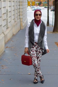 A Day In The Lalz; Fashion Blog; Modesty; Fall Fashion; Zara Printed Trousers: Oversized Loft Shirt; Haute Hijab; J.Crew Edie Purse; Sweater vest; Streetstyle modest fashion