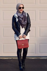 A Day In The Lalz; Cable Knit Sweater; Black Leather Jacket; Red Edie Handbag; Leather Leggings; Black Ray-Ban; Winter Look; Layers; Hijab Fashion; Haute Hijab Scarf; Modest Fashion; Hijabi; Fashion Blogger; Modest Style