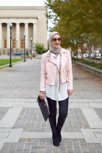 A Day In The Lalz; Fashion Blog; Modest Fashion; Fall Style; Veilure Coutoure; Hijab; Hijabi Fashion Blogger; Pastel medley wrap; Leather leggings; GiGi NY Clutch; Stila All Day Liquid Lipstick; Nordstrom Black Booties