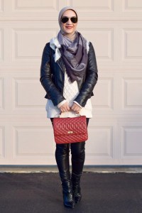 A Day In The Lalz; Cable Knit Sweater; Black Leather Jacket; Red Edie Handbag; Leather Leggings; Black Ray-Ban; Winter Look; Layers; Hijab Fashion; Haute Hijab Scarf; Modest Fashion; Hijabi; Fashion Blogger; Modest Style