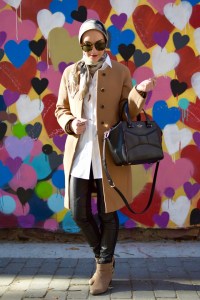 A Day In The Lalz; Fashion Blogger; Camel Wool Coat; J. Crew Coat; Leather Leggings; NYC; Heart Wall; BaubleBar Cornicello Pendant; Karen Walker Special Fit Harvest Sunglasses; Kate Spade Black Beau Bag; Modesty; Haute Hijab Scarf; Streetstyle fashion