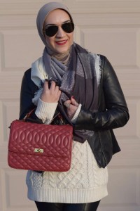 A Day In The Lalz; Cable Knit Sweater; Black Leather Jacket; Red Edie Handbag; Leather Leggings; Black Ray-Ban; Winter Look; Layers; Hijab Fashion; Haute Hijab Scarf; Modest Fashion; Hijabi; Fashion Blogger; Modest Style