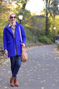 A Day In The Lalz; Stroll in Central Park; NYC; Fashion Blogger; Hijab; Modest Fashion; Street style NYC; Fall in NYC Fashion; J. Crew Coat; Cobalt Blue Coat; 