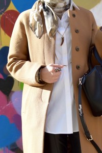 A Day In The Lalz; Fashion Blogger; Camel Wool Coat; J. Crew Coat; Leather Leggings; NYC; Heart Wall; BaubleBar Cornicello Pendant; Karen Walker Special Fit Harvest Sunglasses; Kate Spade Black Beau Bag; Modesty; Haute Hijab Scarf; Streetstyle fashion