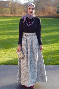 A Day In The Lalz; Holiday Party Look; Veilure Cotoure; Modest Fashion; Hijab Fashion; Fashion Blogger; Ball Gown Skirt; Holiday Outfit Ideas; Gold and Black
