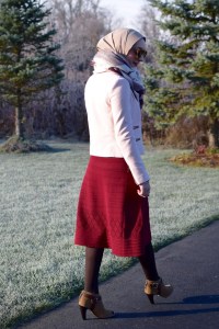 A Day In The Lalz; Burgundy Dress; Banana Republic Moto Jacket; Blush Pink Jacket; Karen Walker Sunglasses; Brown Booties; Blanket Scarf; Fashion Blogger; Hijab Fashion; Modest Style; Winter Look; Layers;