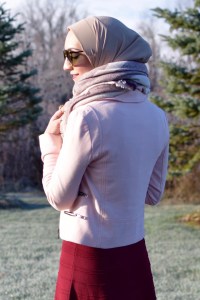 A Day In The Lalz; Burgundy Dress; Banana Republic Moto Jacket; Blush Pink Jacket; Karen Walker Sunglasses; Brown Booties; Blanket Scarf; Fashion Blogger; Hijab Fashion; Modest Style; Winter Look; Layers;