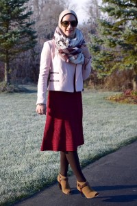 A Day In The Lalz; Burgundy Dress; Banana Republic Moto Jacket; Blush Pink Jacket; Karen Walker Sunglasses; Brown Booties; Blanket Scarf; Fashion Blogger; Hijab Fashion; Modest Style; Winter Look; Layers;