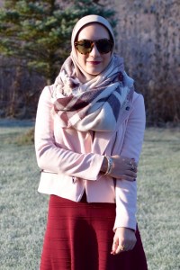 A Day In The Lalz; Burgundy Dress; Banana Republic Moto Jacket; Blush Pink Jacket; Karen Walker Sunglasses; Brown Booties; Blanket Scarf; Fashion Blogger; Hijab Fashion; Modest Style; Winter Look; Layers;
