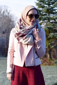 A Day In The Lalz; Burgundy Dress; Banana Republic Moto Jacket; Blush Pink Jacket; Karen Walker Sunglasses; Brown Booties; Blanket Scarf; Fashion Blogger; Hijab Fashion; Modest Style; Winter Look; Layers;
