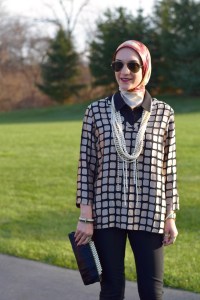 A Day In The Lalz; Fashion Blogger; Modest Fashion; Modest Style; Holiday Party Look; Gold and Black; Bauble Bar Chain Kimmy Strands; Pearl Necklace; Hijab Fashion