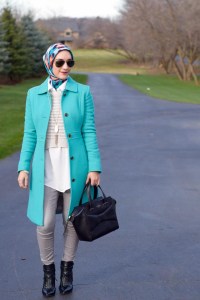 A Day In The Lalz; Winter Look; J. Crew DOUBLE-CLOTH LADY DAY COAT WITH THINSULATE; Color Coat; Layers; Anthropologie Sweater; Kate Spade Beau Bag; Hijab Fashion; Modest Style; Kendra Scott Necklace; Black Booties; Fashion Blogger;