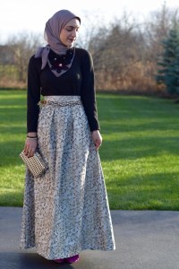 A Day In The Lalz; Holiday Party Look; Veilure Cotoure; Modest Fashion; Hijab Fashion; Fashion Blogger; Ball Gown Skirt; Holiday Outfit Ideas; Gold and Black