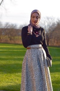 A Day In The Lalz; Holiday Party Look; Veilure Cotoure; Modest Fashion; Hijab Fashion; Fashion Blogger; Ball Gown Skirt; Holiday Outfit Ideas; Gold and Black