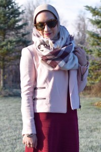 A Day In The Lalz; Burgundy Dress; Banana Republic Moto Jacket; Blush Pink Jacket; Karen Walker Sunglasses; Brown Booties; Blanket Scarf; Fashion Blogger; Hijab Fashion; Modest Style; Winter Look; Layers;