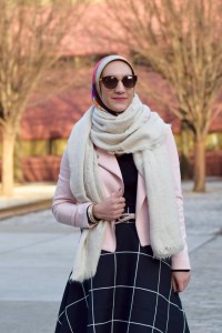 A Day In The Lalz; Fashion Blogger; Chicwish Sway the Plaids Belted Midi Skirt in Black; Banana Republic Multi-Zip Moto Jacket; Louise et Cie Vianne Bootie; Free People Koda Brushed Scarf; Kitten Cat Eye Sunglasses; windowpane skirt; Pink blazer; Modest Fashion; Hijabi; Winter Look