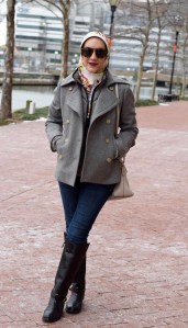 A Day In The Lalz; Fashion Blogger; J. Crew Wool Peacoat; J. Crew Quilted Puffer Vest; Haute Hijab; Bauble Bar Necklace; Tory Burch Riding Boot; Stila Aria Liquid Lipstick; Kate Spade cedar street maise; Snow Day Look; Winter Fashion; Modest Fashion; Hijabi; Karen Walker Fit Harvest Sunglasses