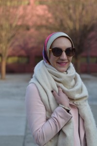 A Day In The Lalz; Fashion Blogger; Chicwish Sway the Plaids Belted Midi Skirt in Black; Banana Republic Multi-Zip Moto Jacket; Louise et Cie Vianne Bootie; Free People Koda Brushed Scarf; Kitten Cat Eye Sunglasses; windowpane skirt; Pink blazer; Modest Fashion; Hijabi; Winter Look