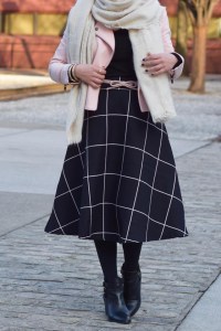 A Day In The Lalz; Fashion Blogger; Chicwish Sway the Plaids Belted Midi Skirt in Black; Banana Republic Multi-Zip Moto Jacket; Louise et Cie Vianne Bootie; Free People Koda Brushed Scarf; Kitten Cat Eye Sunglasses; windowpane skirt; Pink blazer; Modest Fashion; Hijabi; Winter Look