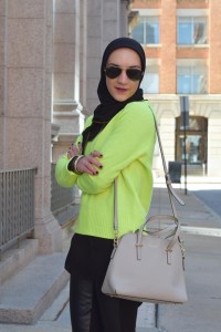 A Day In The Lalz; Fashion Blogger; Neon Sweater; J. Crew Holly Sweater; Leather legging; Winter Neon Look; Hijabi; Vela Zipper Edge Scarf; Kate Spade cedar street maise; Modest Fashion