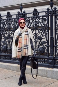 A Day In The Lalz; Winter Cape Style; How to Style a Cape; Modest Fashion; Fashion Blogger; NYC; Streetstyle; Burberry Scarf and Gloves; Leather Leggings; Kate Spade Beau Bag; Hijabi Fashion 
