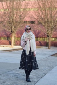 A Day In The Lalz; Fashion Blogger; Chicwish Sway the Plaids Belted Midi Skirt in Black; Banana Republic Multi-Zip Moto Jacket; Louise et Cie Vianne Bootie; Free People Koda Brushed Scarf; Kitten Cat Eye Sunglasses; windowpane skirt; Pink blazer; Modest Fashion; Hijabi; Winter Look
