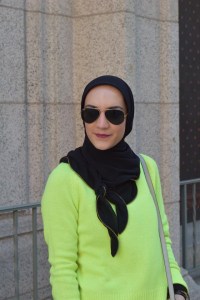 A Day In The Lalz; Fashion Blogger; Neon Sweater; J. Crew Holly Sweater; Leather legging; Winter Neon Look; Hijabi; Vela Zipper Edge Scarf; Kate Spade cedar street maise; Modest Fashion