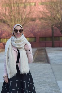 A Day In The Lalz; Fashion Blogger; Chicwish Sway the Plaids Belted Midi Skirt in Black; Banana Republic Multi-Zip Moto Jacket; Louise et Cie Vianne Bootie; Free People Koda Brushed Scarf; Kitten Cat Eye Sunglasses; windowpane skirt; Pink blazer; Modest Fashion; Hijabi; Winter Look