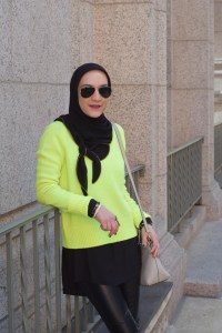 A Day In The Lalz; Fashion Blogger; Neon Sweater; J. Crew Holly Sweater; Leather legging; Winter Neon Look; Hijabi; Vela Zipper Edge Scarf; Kate Spade cedar street maise; Modest Fashion