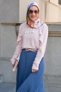 A Day In The Lalz; Pleated Blue Midi Skirt; Ruffle-Front Blouse; Rose Quartz and Serenity; Ted Baker Pink Clutch; Bow Belt; Fashion Blogger; Midi Skirt; Hijabi; Modest Fashion;