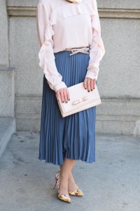 A Day In The Lalz; Pleated Blue Midi Skirt; Ruffle-Front Blouse; Rose Quartz and Serenity; Ted Baker Pink Clutch; Bow Belt; Fashion Blogger; Midi Skirt; Hijabi; Modest Fashion;
