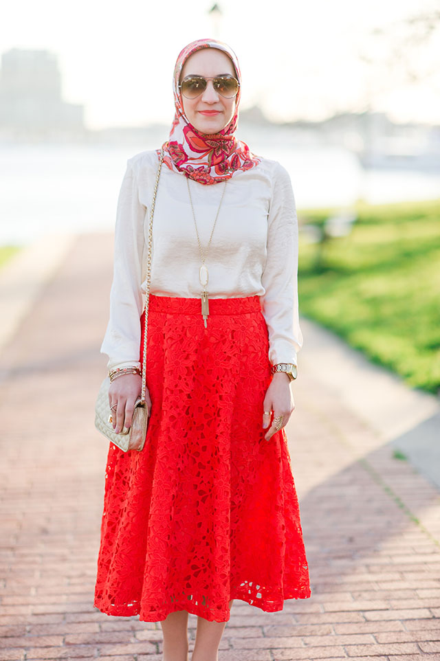 A Day In The Lalz Fashion Blog, Banana Republic Red Lace Midi Skirt, Hijabi Fashion Blog, Baltimore, Canton Waterfront Park, Hijabi Style, Spring Skirt Style, Stuart Weitzman Nude Heel