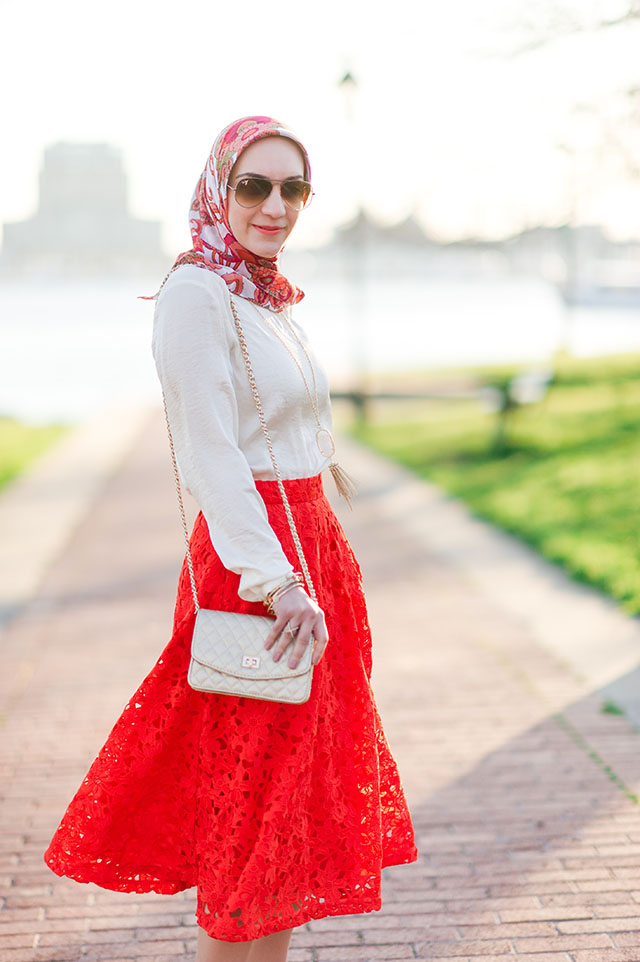 A Day In The Lalz Fashion Blog, Banana Republic Red Lace Midi Skirt, Hijabi Fashion Blog, Baltimore, Canton Waterfront Park, Hijabi Style, Spring Skirt Style, Stuart Weitzman Nude Heel