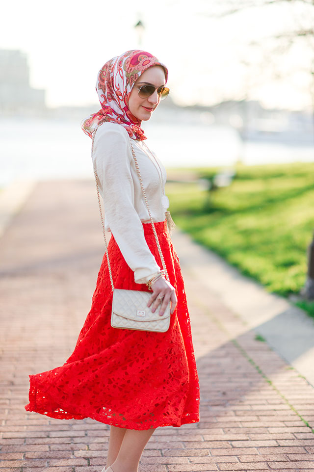A Day In The Lalz Fashion Blog, Banana Republic Red Lace Midi Skirt, Hijabi Fashion Blog, Baltimore, Canton Waterfront Park, Hijabi Style, Spring Skirt Style, Stuart Weitzman Nude Heel