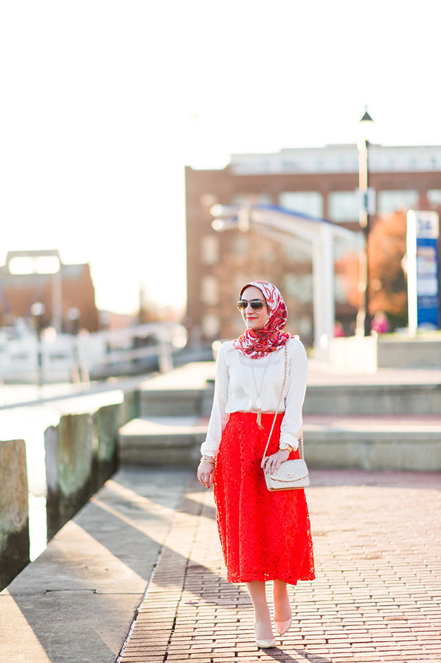 A Day In The Lalz Fashion Blog, Banana Republic Red Lace Midi Skirt, Hijabi Fashion Blog, Baltimore, Canton Waterfront Park, Hijabi Style, Spring Skirt Style, Stuart Weitzman Nude Heel