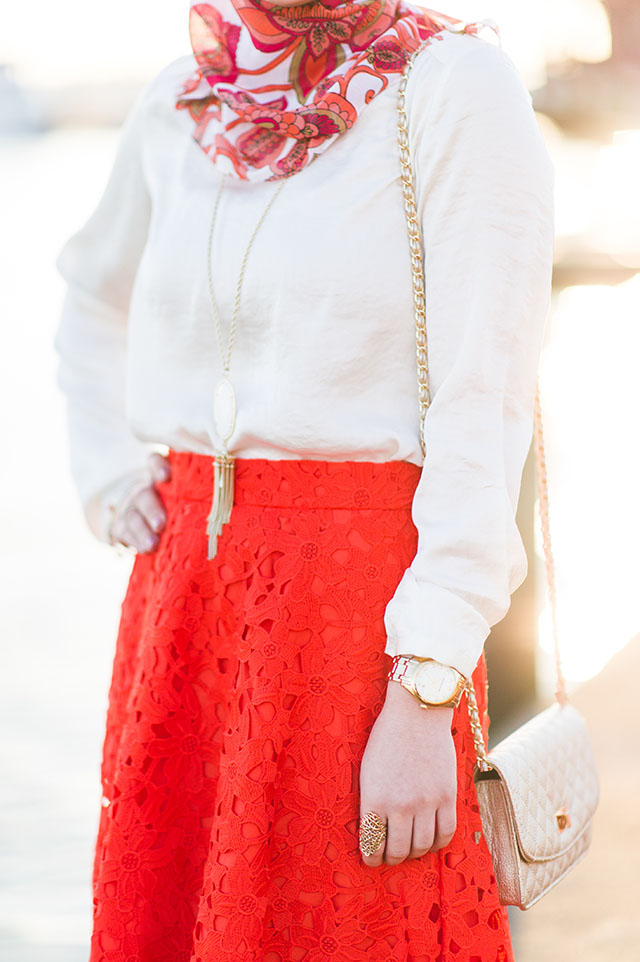 A Day In The Lalz Fashion Blog, Banana Republic Red Lace Midi Skirt, Hijabi Fashion Blog, Baltimore, Canton Waterfront Park, Hijabi Style, Spring Skirt Style, Stuart Weitzman Nude Heel