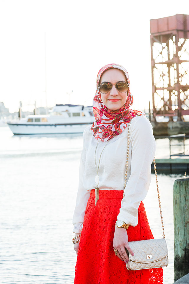 A Day In The Lalz Fashion Blog, Banana Republic Red Lace Midi Skirt, Hijabi Fashion Blog, Baltimore, Canton Waterfront Park, Hijabi Style, Spring Skirt Style, Stuart Weitzman Nude Heel