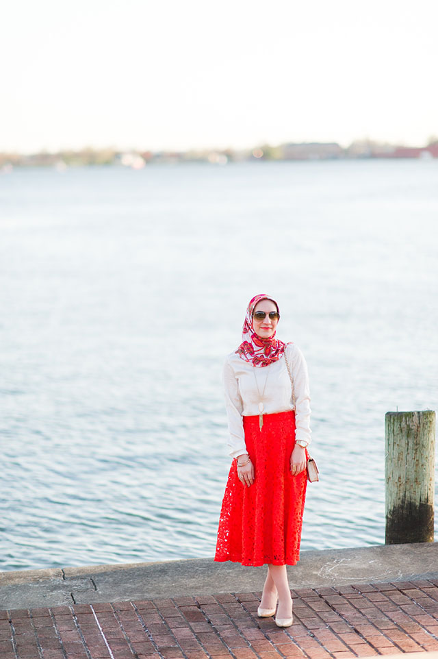 A Day In The Lalz Fashion Blog, Banana Republic Red Lace Midi Skirt, Hijabi Fashion Blog, Baltimore, Canton Waterfront Park, Hijabi Style, Spring Skirt Style, Stuart Weitzman Nude Heel