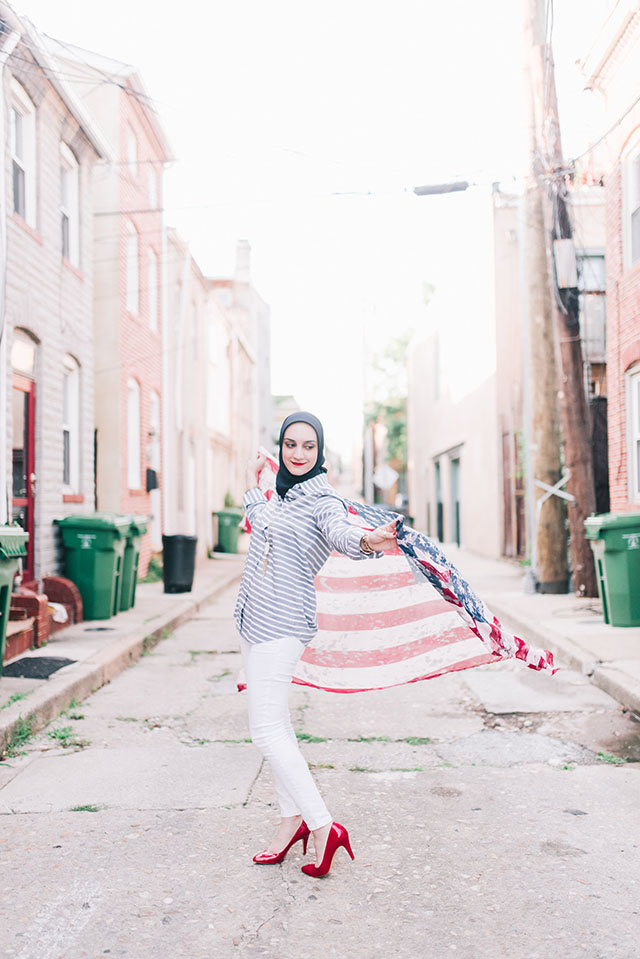 Fourth of July-Americana-Banana Republic-Stripe Shirt-White Jeans-Red Handbag-American Flag Scarf-Fells Point-Baltimore-Kendra Scott Necklace-Summer Style-4th of July fashion-modest fashion-fashion blogger- red, white, and blue fashion inspiration