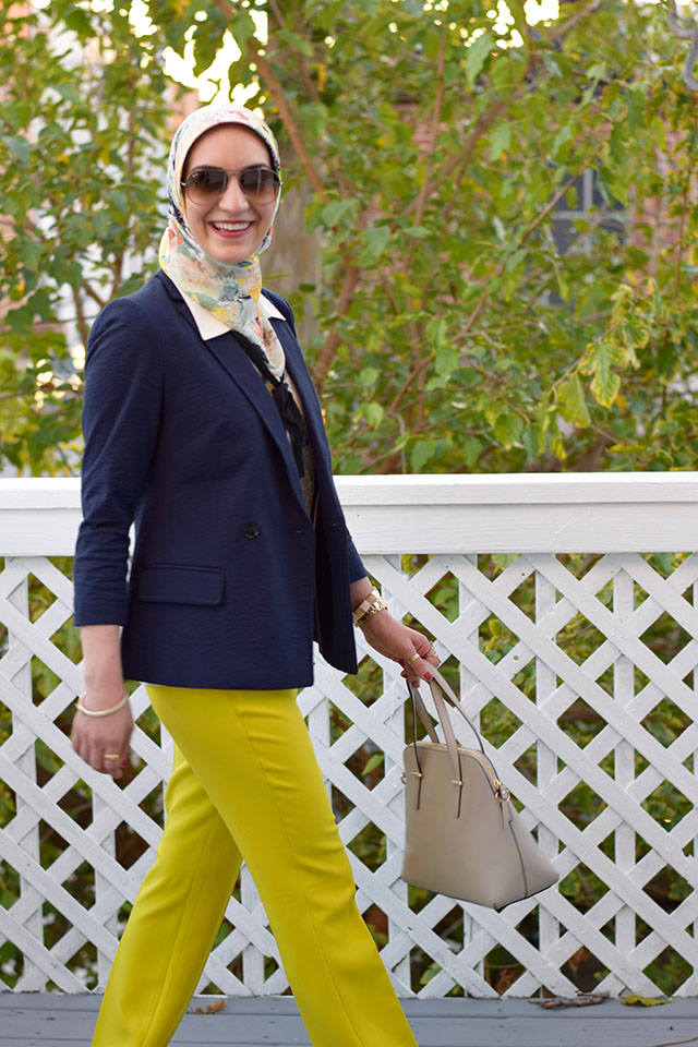 Banana Republic Logan Chartreuse Trousers - Navy blazer - fall style - Haute Hijab - Lace blouse - Kate Spade Cedar Street Maise