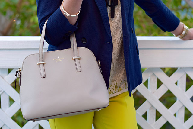 Banana Republic Logan Chartreuse Trousers - Navy blazer - fall style - Haute Hijab - Lace blouse - Kate Spade Cedar Street Maise