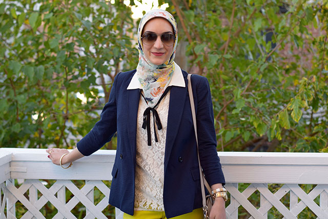 Banana Republic Logan Chartreuse Trousers - Navy blazer - fall style - Haute Hijab - Lace blouse - Kate Spade Cedar Street Maise