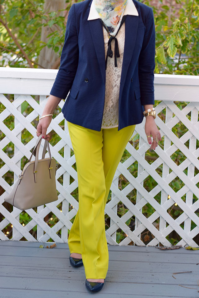 Banana Republic Logan Chartreuse Trousers - Navy blazer - fall style - Haute Hijab - Lace blouse - Kate Spade Cedar Street Maise