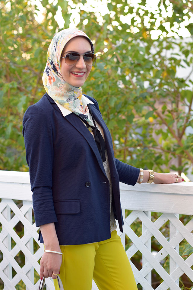 Banana Republic Logan Chartreuse Trousers - Navy blazer - fall style - Haute Hijab - Lace blouse - Kate Spade Cedar Street Maise