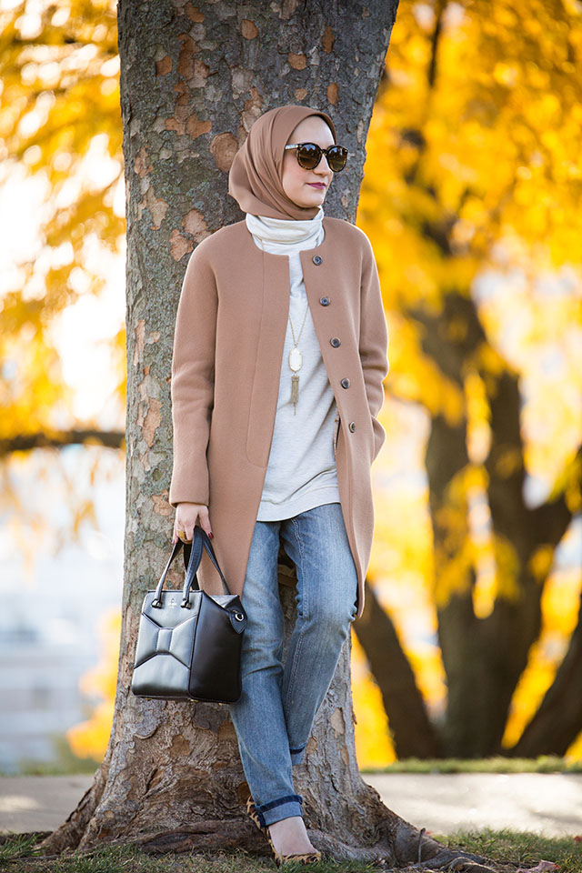 Fall Layers - J. Crew Camel Coat - Boyfriend Jeans - Leopard Heels - Tunic Turtleneck Sweater - Federal Hill Park - Baltimore - Vasiliki Photo - Haute Hijab Scarf - Fashion Blogger - Hijab Fall Fashion - Modest Fashion