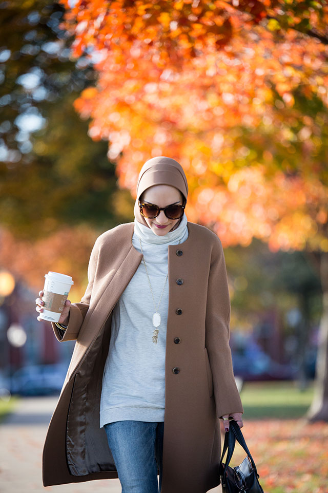 Fall Layers - J. Crew Camel Coat - Boyfriend Jeans - Leopard Heels - Tunic Turtleneck Sweater - Federal Hill Park - Baltimore - Vasiliki Photo - Haute Hijab Scarf - Fashion Blogger - Hijab Fall Fashion - Modest Fashion